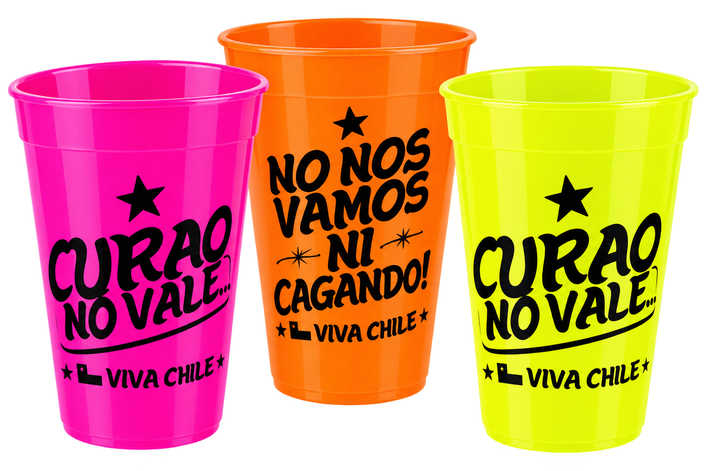 Pack 3 Vasos Plásticos Duro Fluor Con Frases Chilenas Tipica