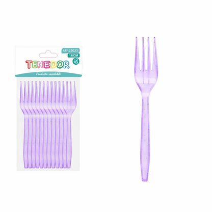 12 Tenedores Plásticos Desechables Glitter Colores Surtidos Rosa