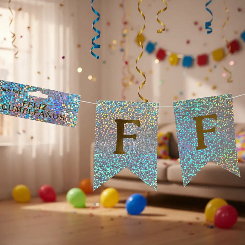 Cotillón Guirnalda Banderin Feliz Cumpleaño Plateado Glitter Plateado Glitter