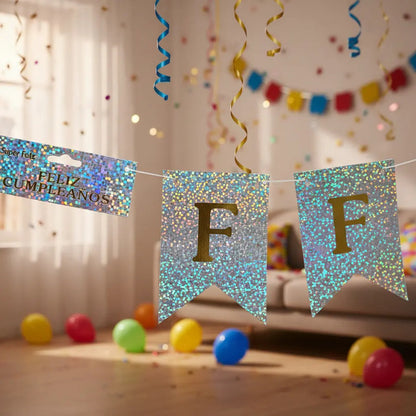 Cotillón Guirnalda Banderin Feliz Cumpleaño Plateado Glitter Plateado Glitter