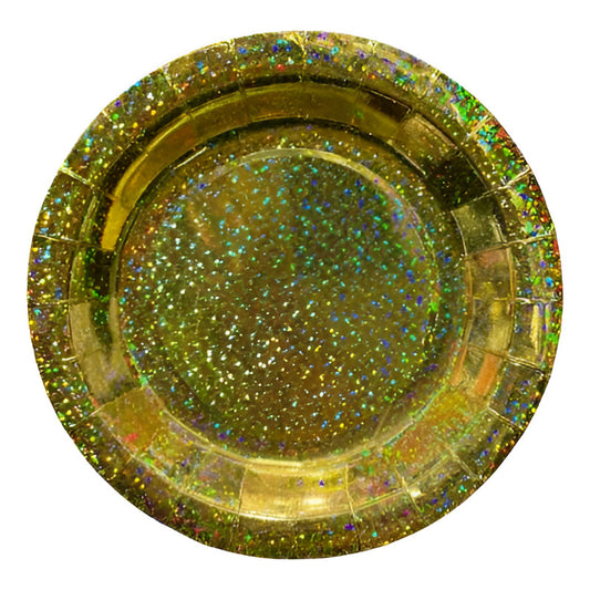 Pack 50 Platos Poli Papel Carton Holograficos Dorados