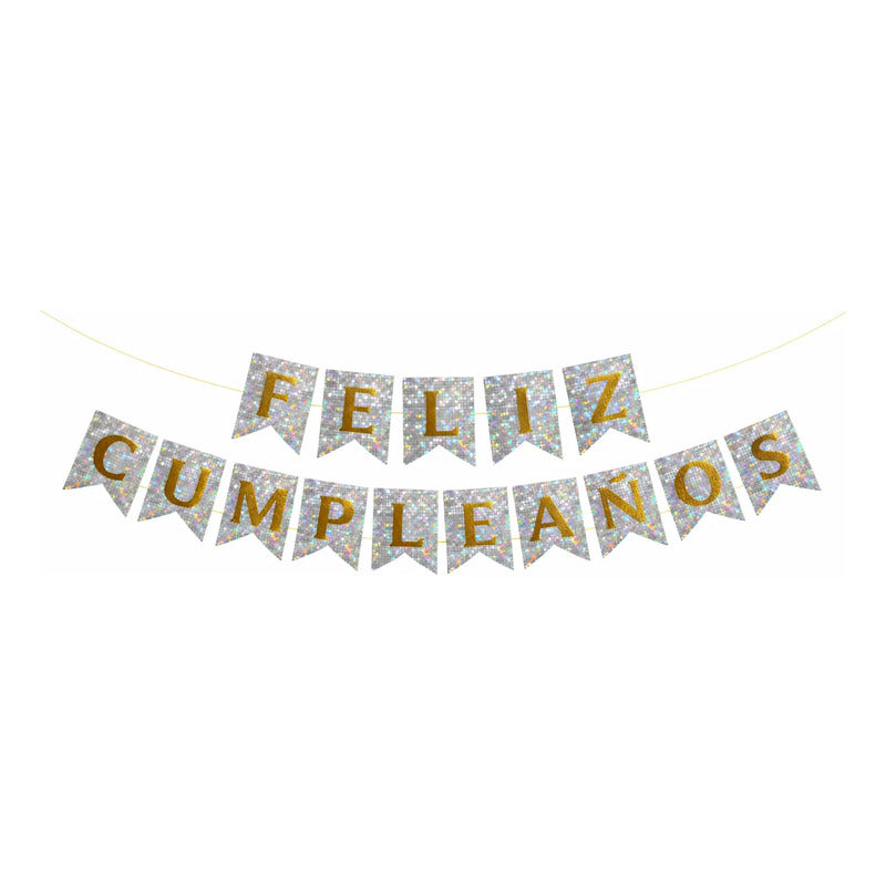 Cotillón Guirnalda Banderin Feliz Cumpleaño Plateado Glitter Plateado Glitter