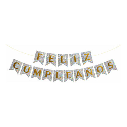 Cotillón Guirnalda Banderin Feliz Cumpleaño Plateado Glitter Plateado Glitter
