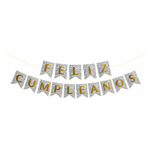 Cotillón Guirnalda Banderin Feliz Cumpleaño Plateado Glitter Plateado Glitter