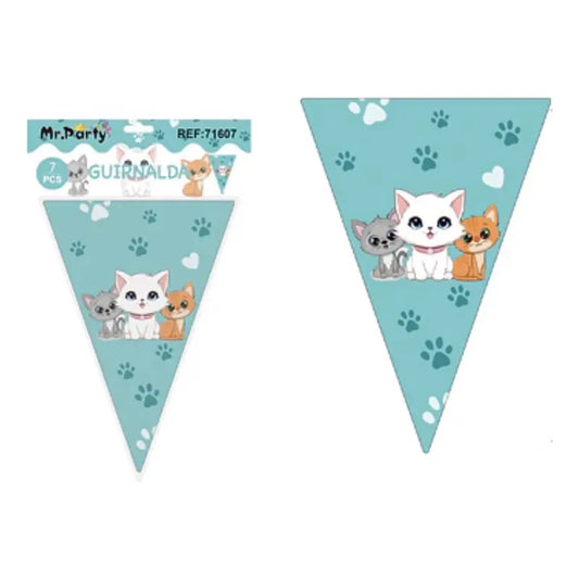 Guirnalda Banderines Gatitos Decoración Fiesta 7 Piezas Turquesa