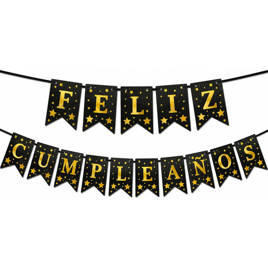 Guirnalda Feliz Cumpleaños Con Letras Doradas Y Estrellas Negro