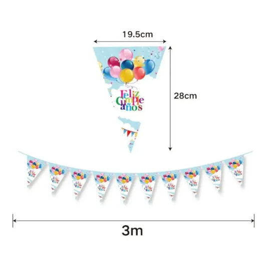 Cotillón Retro Vintage Ochentero Guirnalda Banderín Celeste Con Globos Multicolor Feliz Cumpleaños
