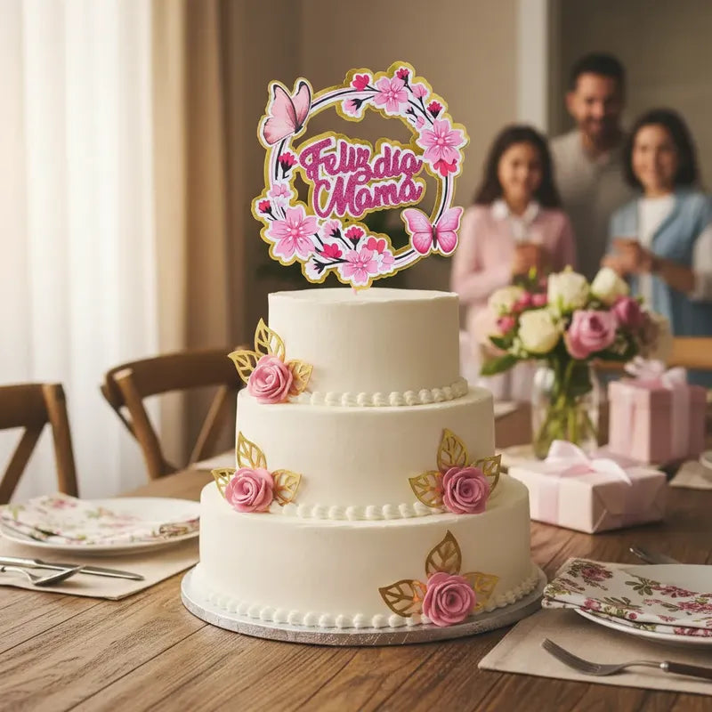 Topper Torta Feliz Día Mamá Flores Y Mariposas Rosa Fucsia