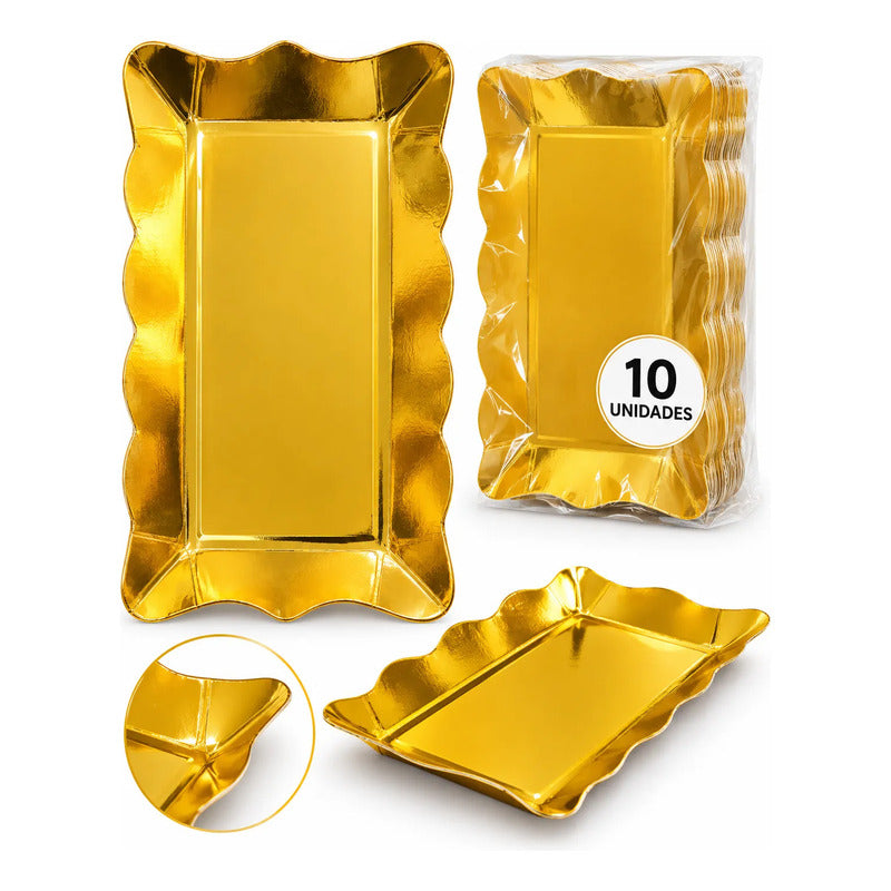 Pack 10 Bandejas Cartón Rectangulares Fiesta Cotillón Dorado