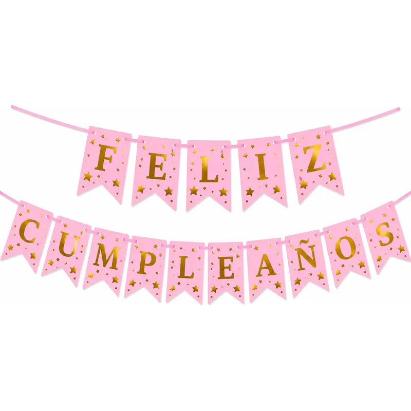 Guirnalda Feliz Cumpleaños Con Letras Doradas Y Estrellas Rosa