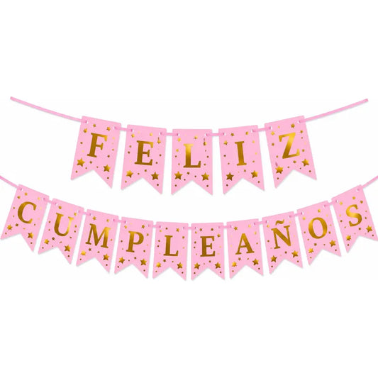 Guirnalda Feliz Cumpleaños Con Letras Doradas Y Estrellas Rosa