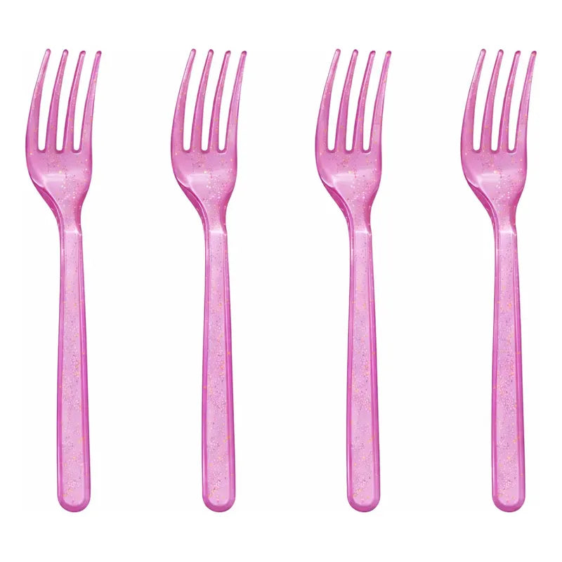 12 Tenedores Plásticos Desechables Glitter Colores Surtidos Rosa