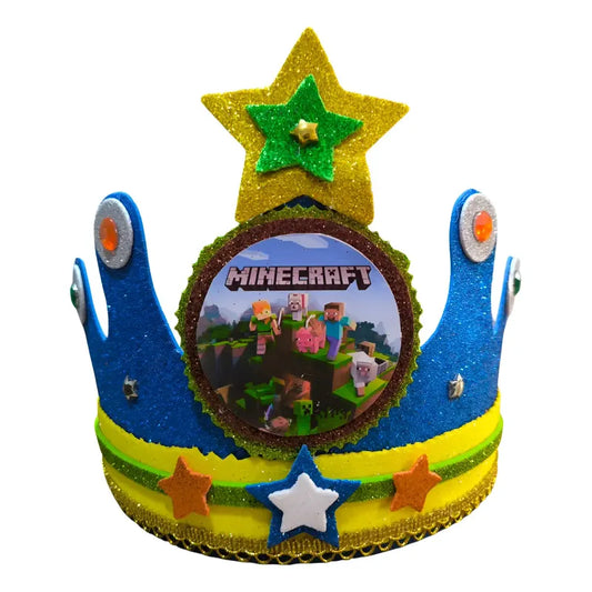 Corona Festejado Cumpleaños Minecraft Azul