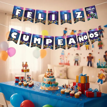 Banderín Feliz Cumpleaños Roblox Fiesta Decoración Azul