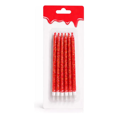 6 Unidades Velas De Cumpleaños Largas Rojo Con Glitter 12cm