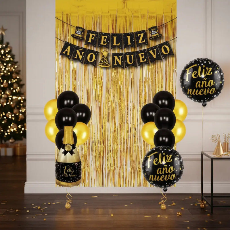 Set Decoración Año Nuevo Dorado Y Negro Con Globos