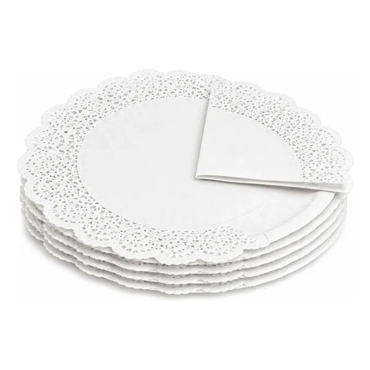 Pack 5 Bandejas De Coctel De Cartón Redonda Con Blonda 38 Cm Blanco