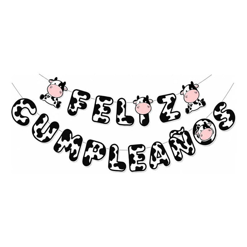 Guirnalda Feliz Cumpleaños Temática Vaca Decoración Cotillón Blanco