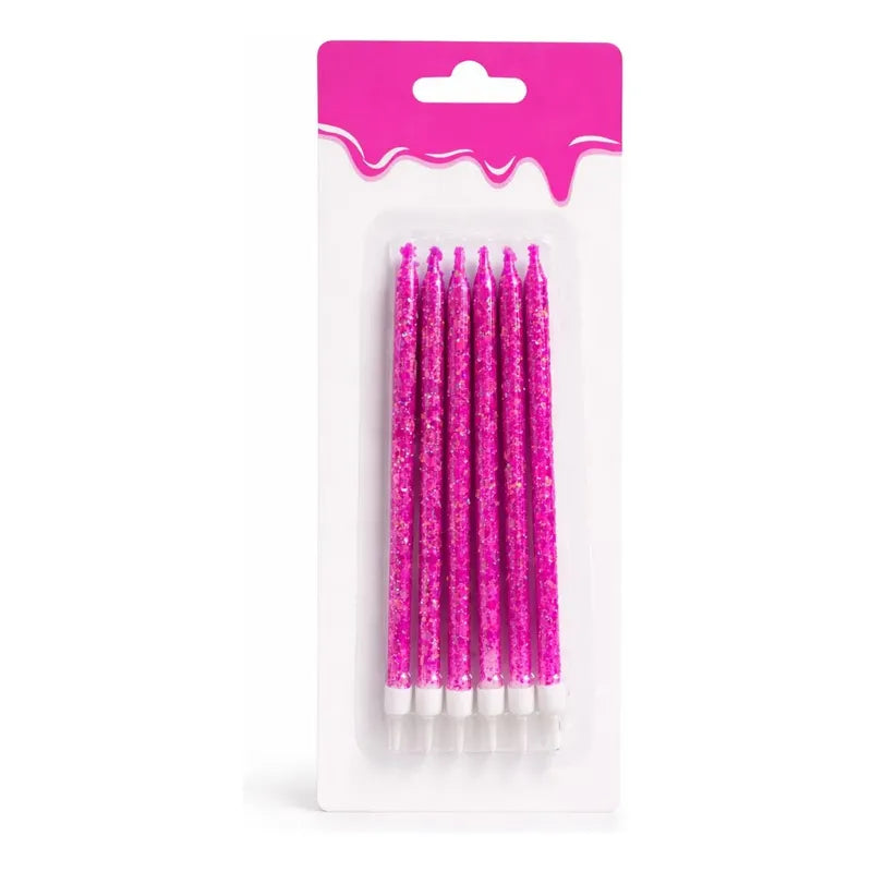 6 Unidades Velas De Cumpleaños Largas Fucsia Con Glitter
