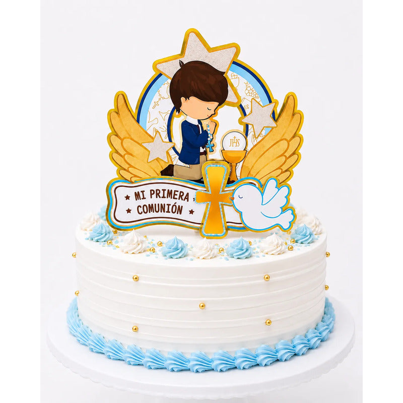 Topper Adorno Torta Mi Primera Comunión Niño Dorado