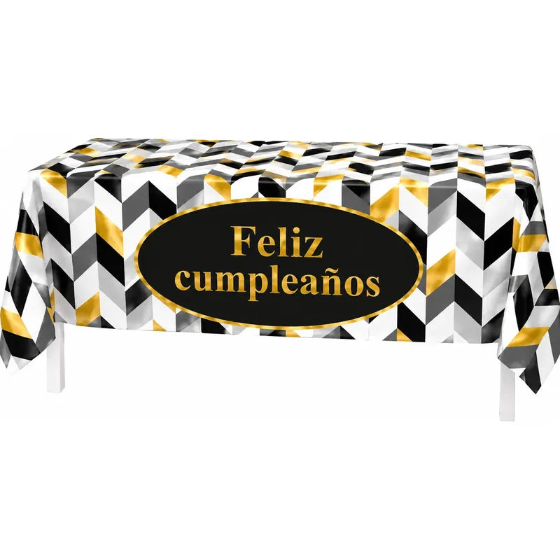 Mantel Feliz Cumpleaños Diseño Geométrico Negro Dorado Negro