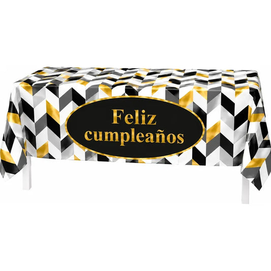 Mantel Feliz Cumpleaños Diseño Geométrico Negro Dorado Negro