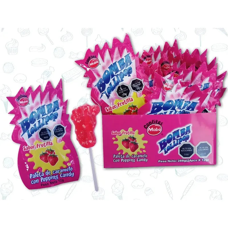 Paleta Explota Mabu 24 Unidades Caramelo Bomba Lollipop Sabor Frutilla