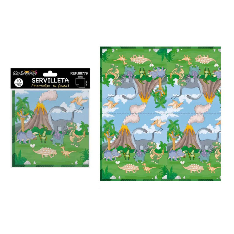 Pack 10 Servilletas De Papel Dinosaurios Fiesta 33cm Verde