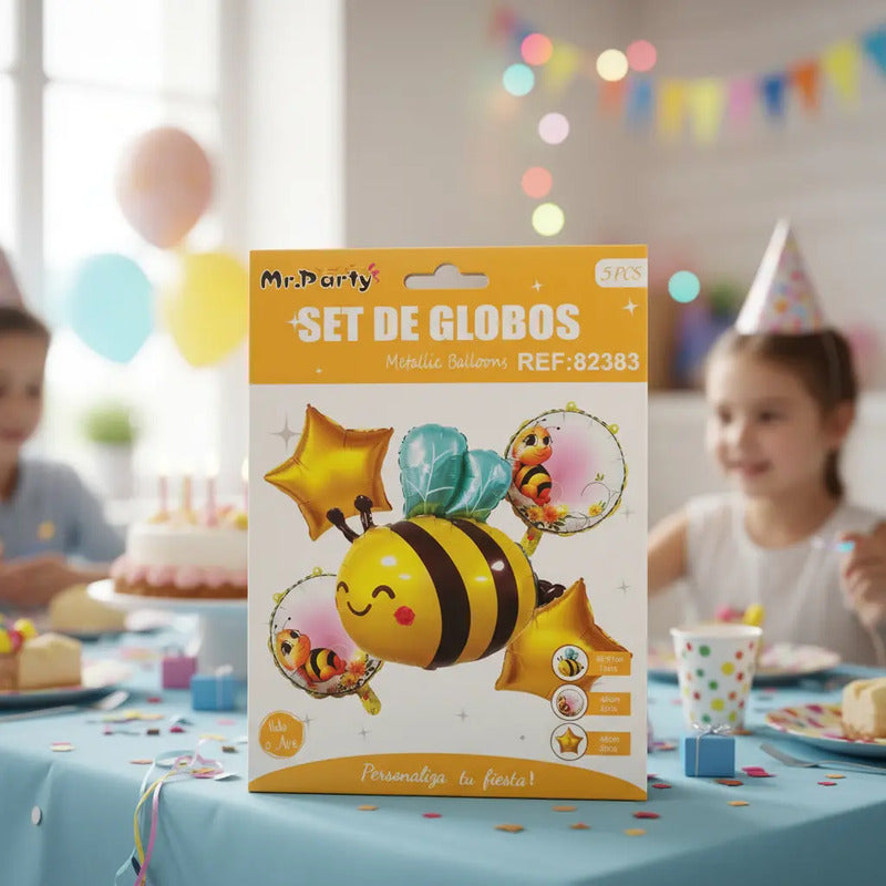 Set De Globos Metalizados Mylar Abejita X 5 Unidades Amarillo