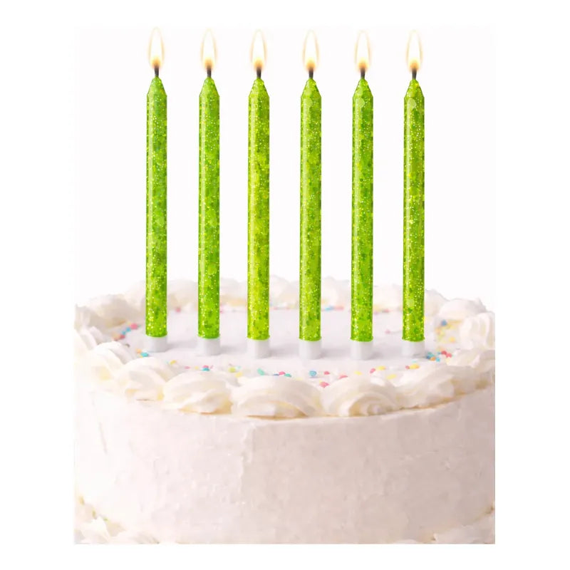 6 Unidades Velas De Cumpleaños Largas Verdes Con Glitter
