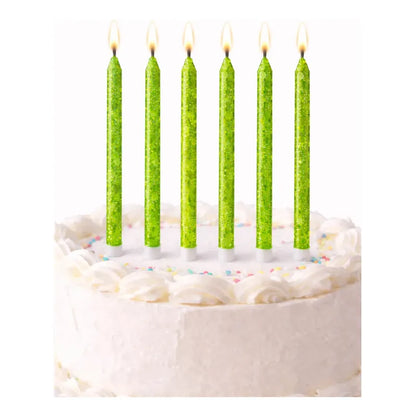 6 Unidades Velas De Cumpleaños Largas Verdes Con Glitter