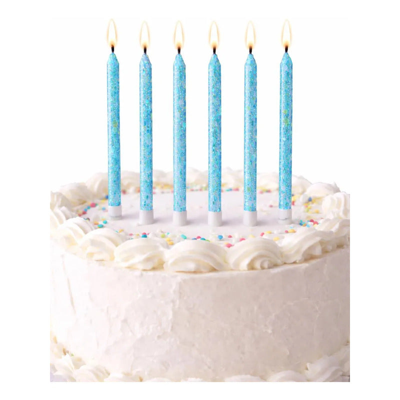 6 Unidades Velas De Cumpleaños Largas Celeste Con Glitter