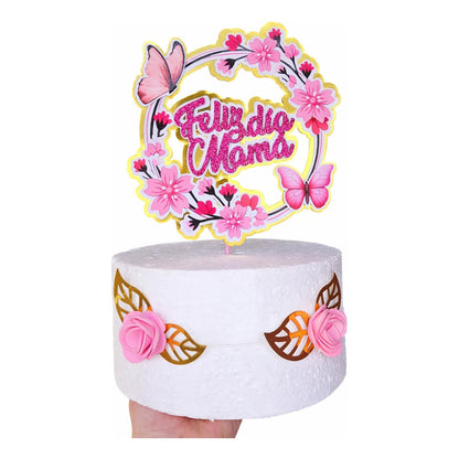 Topper Torta Feliz Día Mamá Flores Y Mariposas Rosa Fucsia