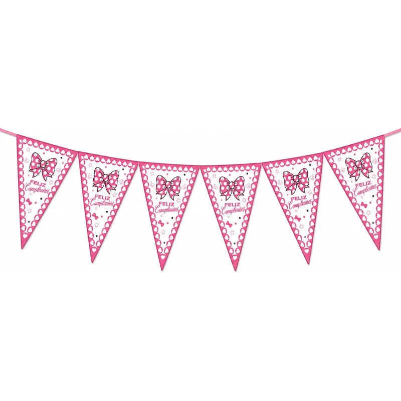 Banderín Guirnalda Feliz Cumpleaños Minnie Diseño Lazo Niña Rosa