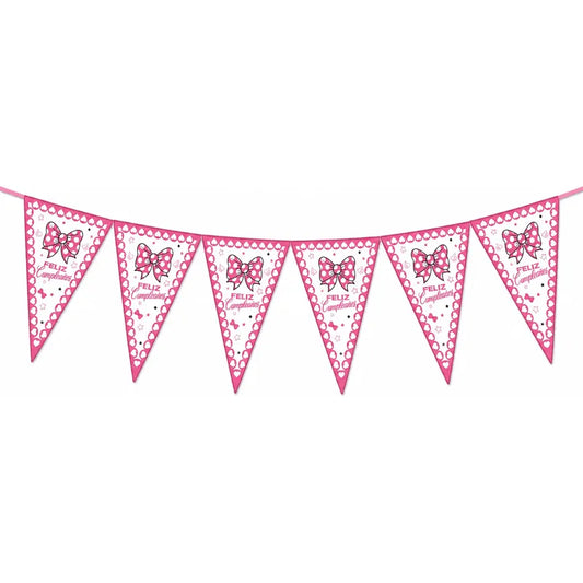 Banderín Guirnalda Feliz Cumpleaños Minnie Diseño Lazo Niña Rosa