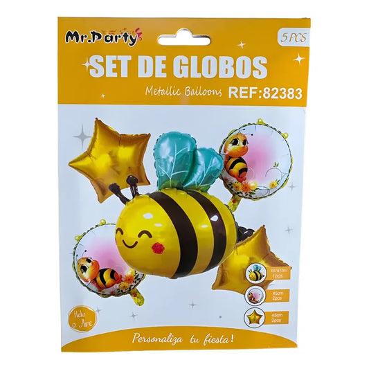 Set De Globos Metalizados Mylar Abejita X 5 Unidades Amarillo