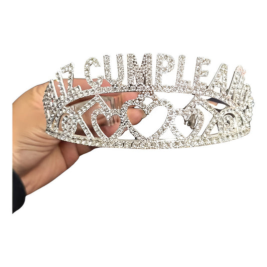 Corona Metálica Plateada Feliz Cumpleaños Corazones