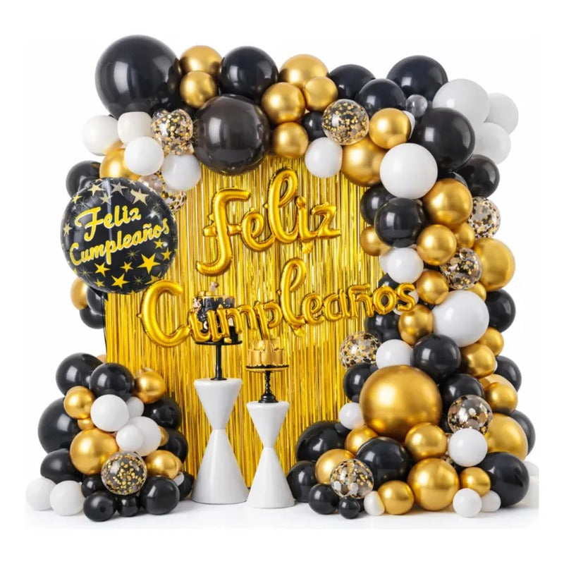 Set De Globos Arco Decoración  Negro Dorado Y Amarillo Dorado