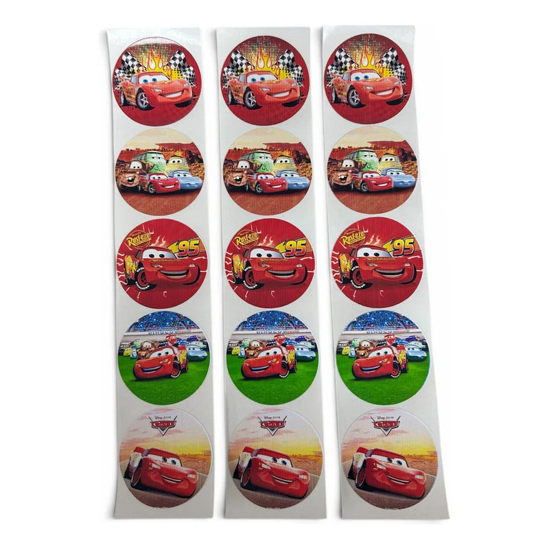 100 Stickers Cars Rayo Mcqueen Redondos Para Cumpleaños Rojo