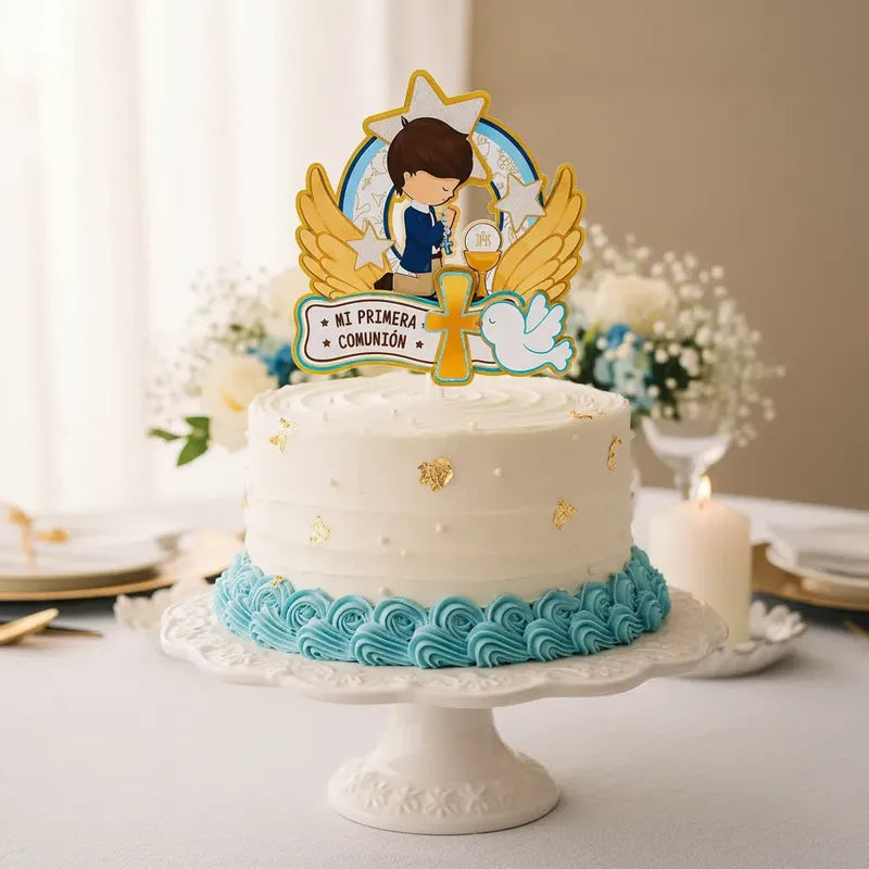 Topper Adorno Torta Mi Primera Comunión Niño Dorado