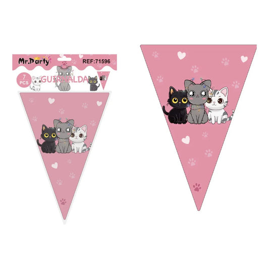 Guirnalda Banderines Gatitos Decoración Fiesta 7 Piezas Rosado