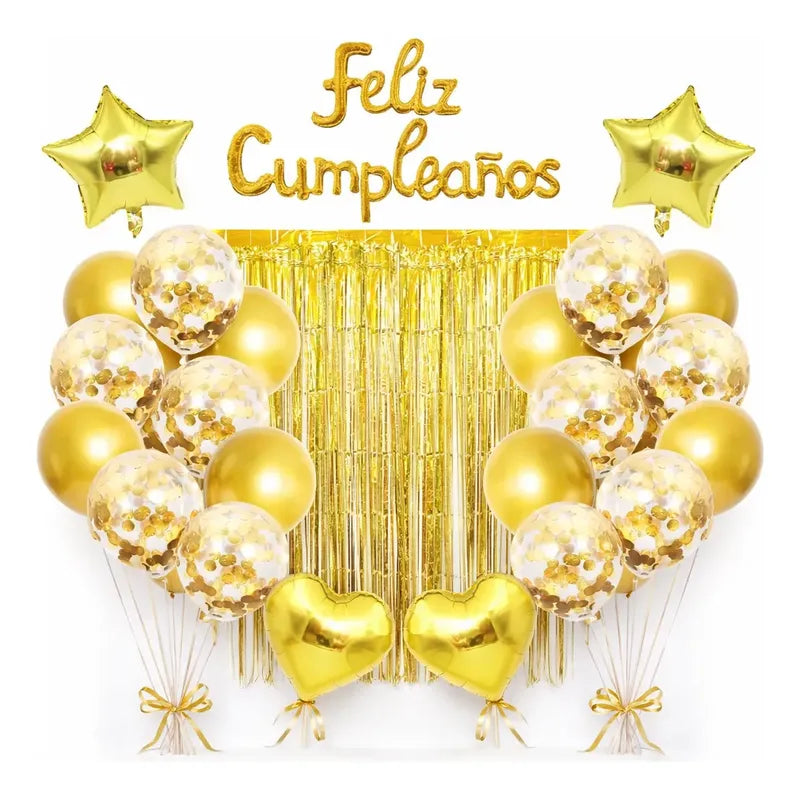 Set Decoración Globos Dorados Feliz Cumpleaños Fiesta Dorado