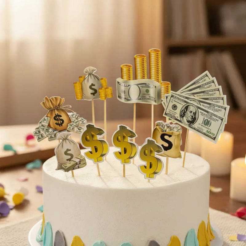 Set Toppers Decorativos Dinero Dólar Para Torta Fiesta Dorado