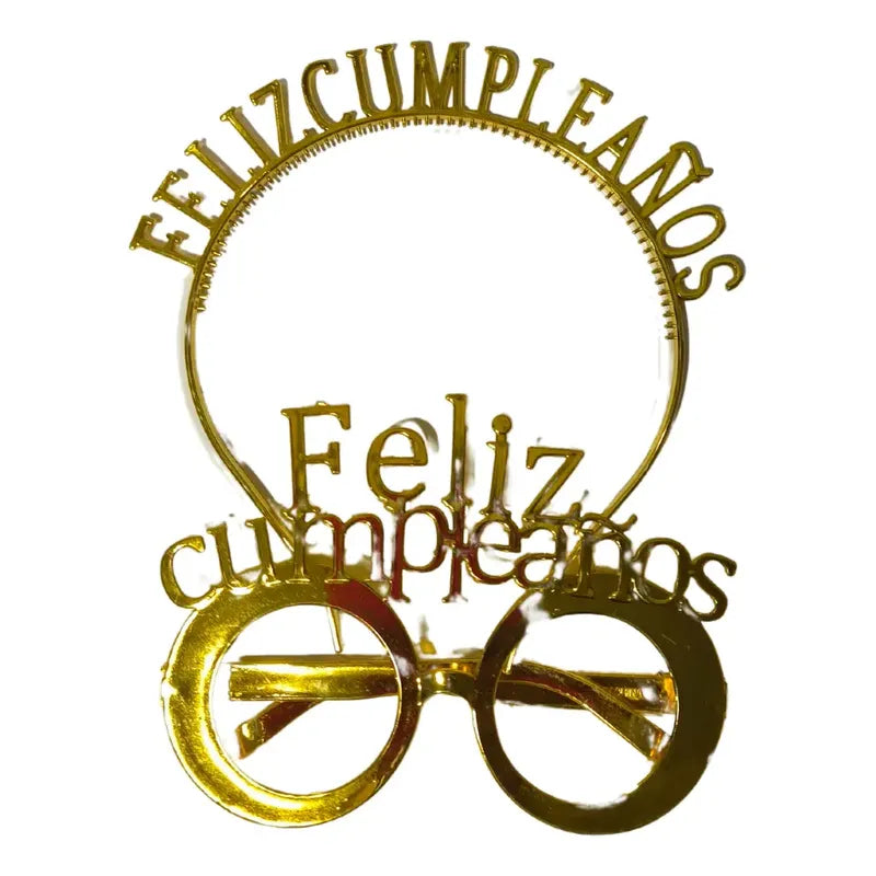 Pack Cintillo + Lente Feliz Cumpleaños Dorado
