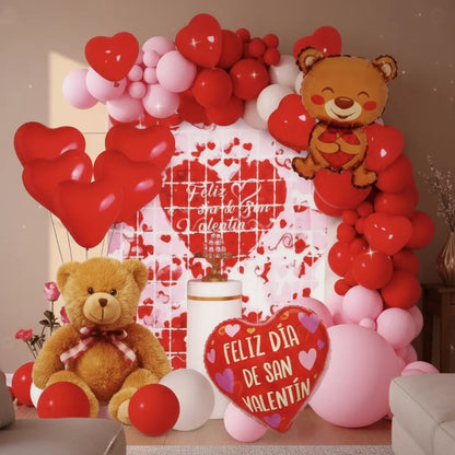 Set De Globos San Valentín Decoración Osito 58 Piezas Rojo