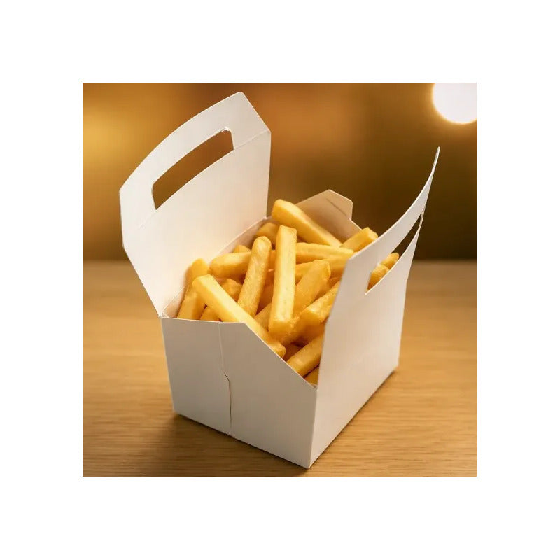 100 Caja De Cartón  N°1 Papas Fritas Con Asa Para Llevar Blanco