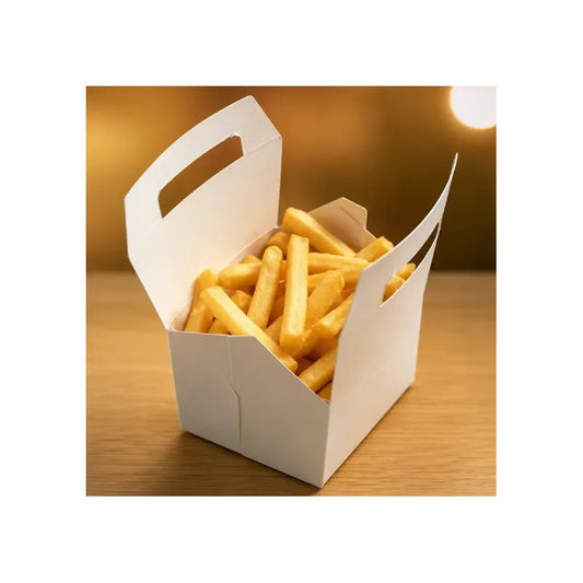 100 Caja De Cartón  N°1 Papas Fritas Con Asa Para Llevar Blanco