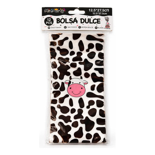 12 Bolsas Dulceras Cumpleaños Modelo Vaca Manchas Blanco