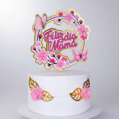 Topper Torta Feliz Día Mamá Flores Y Mariposas Rosa Fucsia