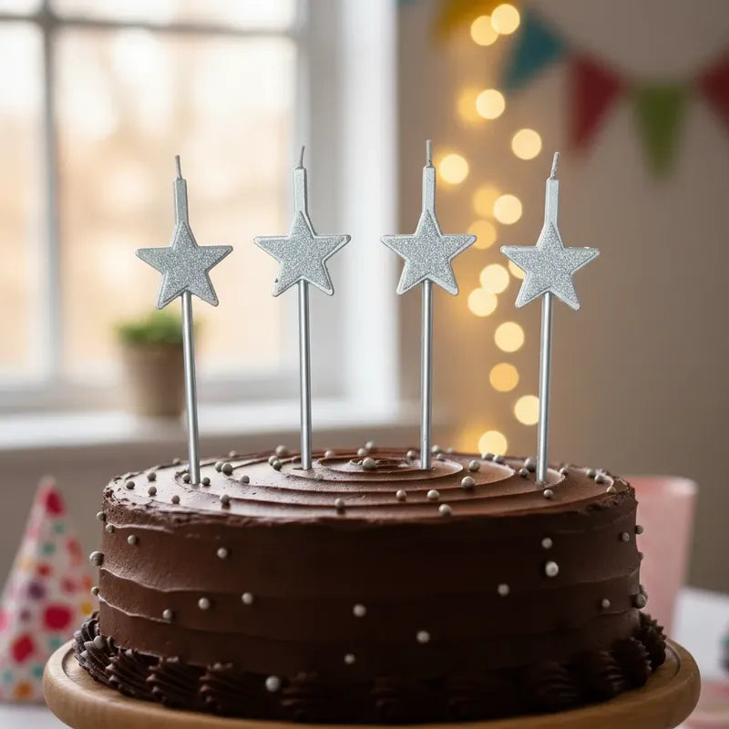 Set 4 Velas De Cumpleaños Estrellas Plateadas Glitter